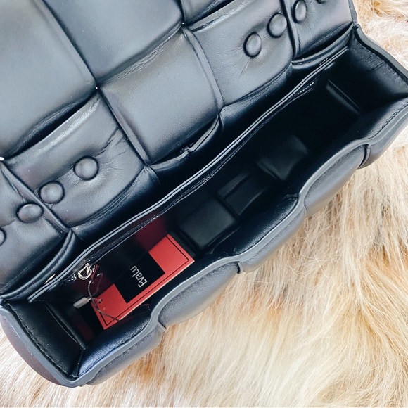 Black Puffy Woven Crossbody Handbag Purse with Silver Chain Link Handle + Strap - Picture 5 of 8